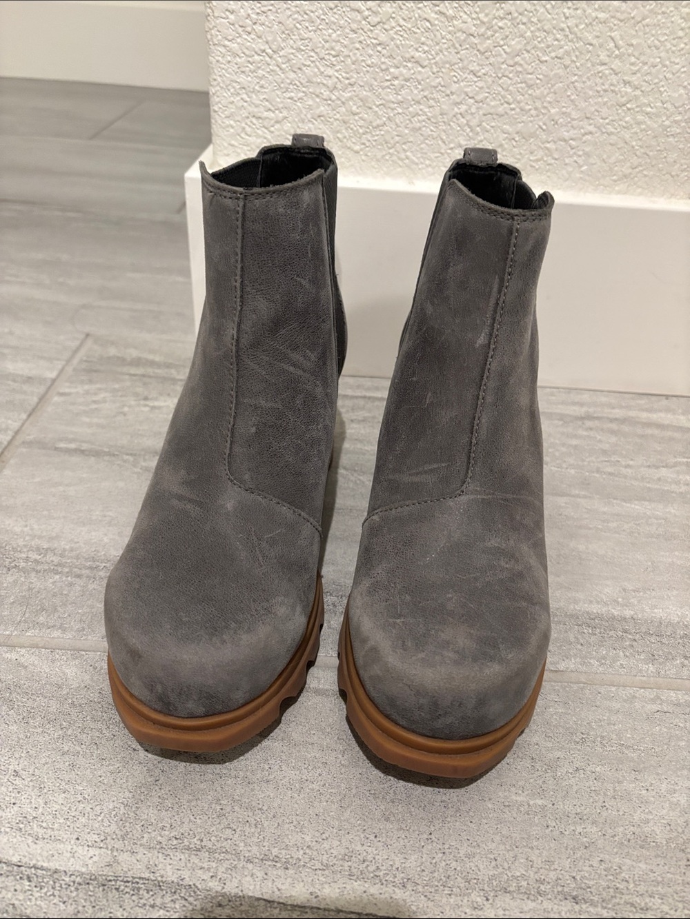 Sorel Gray Suede Platform Chelsea Bootie with Tan Lug Sole